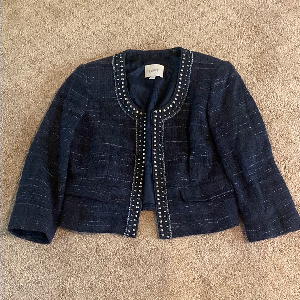 LOFT Blue Cropped Quarter Sleeve Blazer